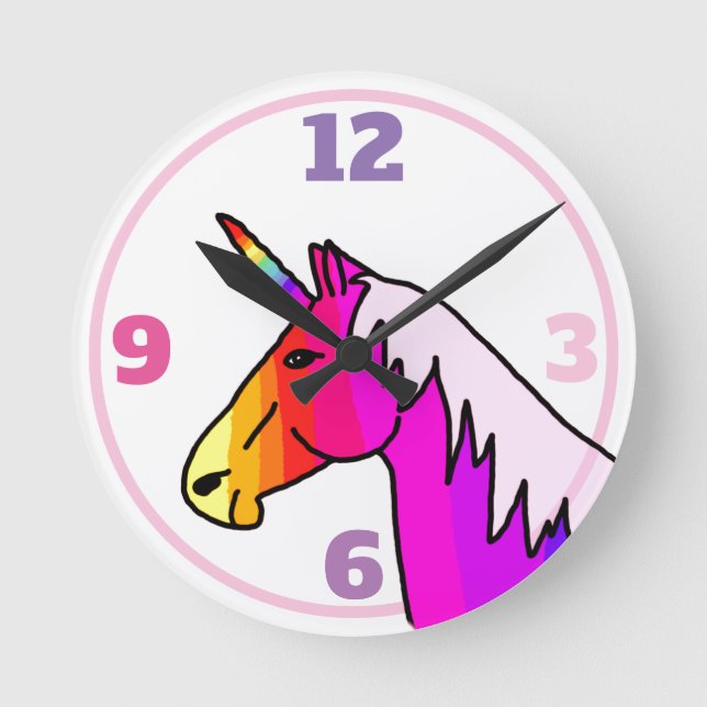 Colourful Unicorn Rainbow Girly Round Clock (Front)