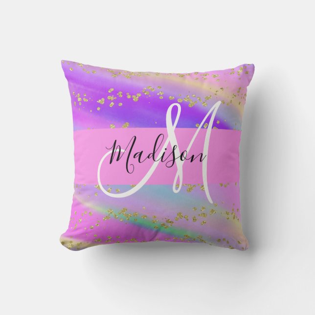 Colourful Unicorn Rainbow Gold Glitter Monogram Cushion (Front)