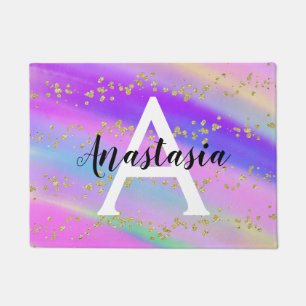 Colourful Unicorn Rainbow Gold Glitter Monogram Doormat