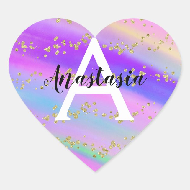 Colourful Unicorn Rainbow Gold Glitter Monogram Heart Sticker (Front)