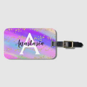 Colourful Unicorn Rainbow Gold Glitter Monogram Luggage Tag