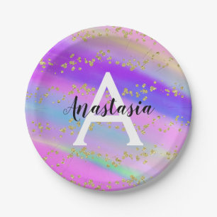 Colourful Unicorn Rainbow Gold Glitter Monogram Paper Plate