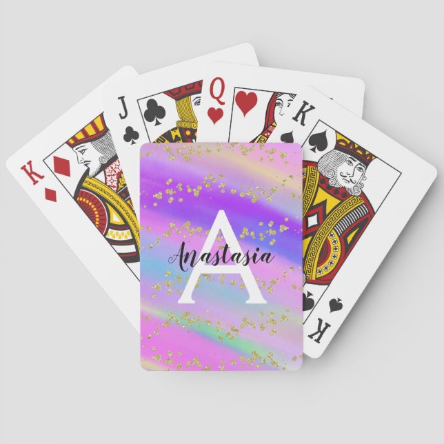 Colourful Unicorn Rainbow Gold Glitter Monogram Playing Cards (Back)