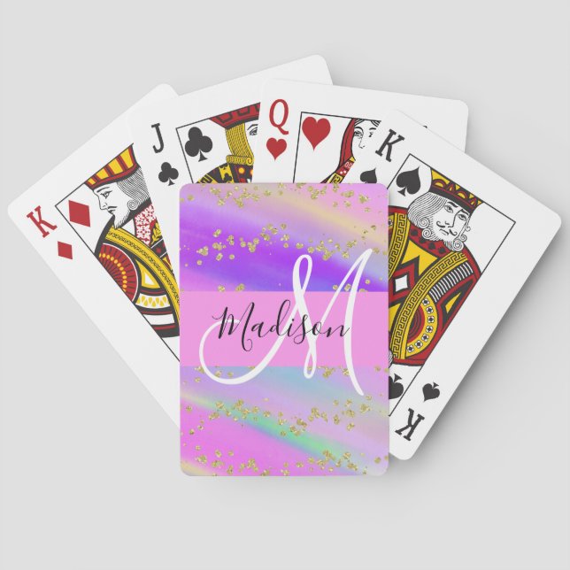 Colourful Unicorn Rainbow Gold Glitter Monogram Playing Cards (Back)