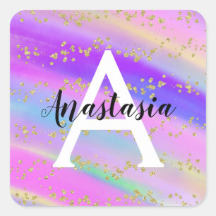 Colourful Unicorn Rainbow Gold Glitter Monogram Square Sticker
