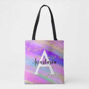 Colourful Unicorn Rainbow Gold Glitter Monogram Tote Bag