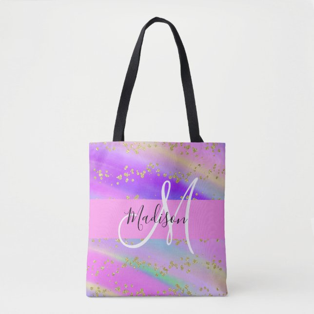 Colourful Unicorn Rainbow Gold Glitter Monogram Tote Bag (Front)