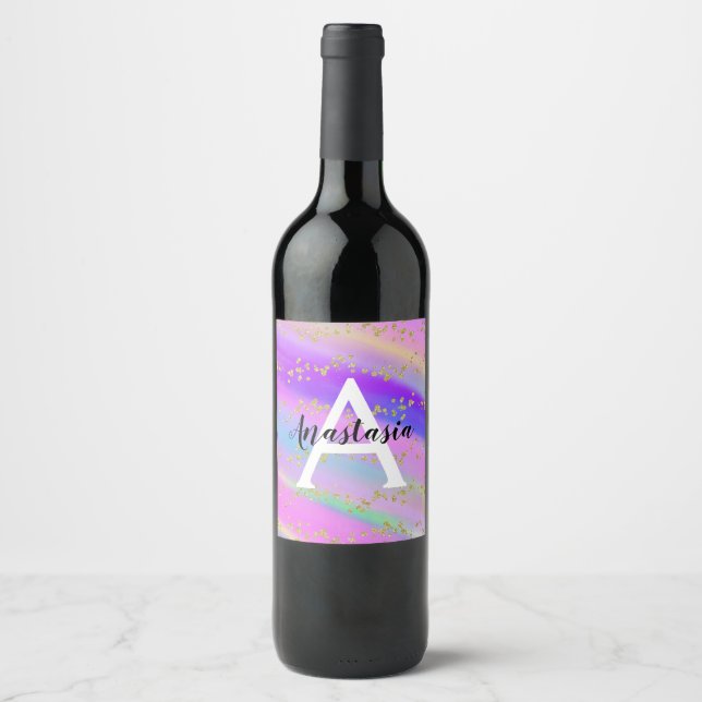 Colourful Unicorn Rainbow Gold Glitter Monogram Wine Label (Front)