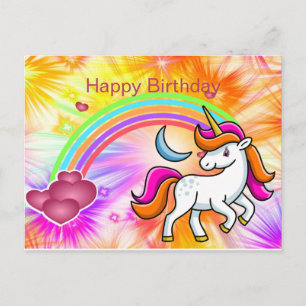 Colourful, Unicorn, Rainbow, Hearts, Birthday Postcard