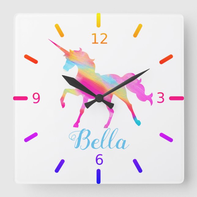 Colourful Unicorn Square Wall Clock (Front)