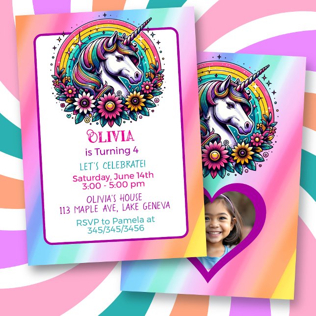 Colourful Unicorn themed Girl's Birthday Party Invitation (Creator Uploaded)