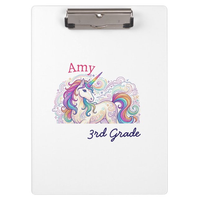 colourful unicorn third grade back to school name clipboard (Front)