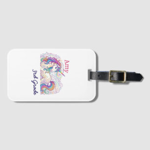 colourful unicorn third grade back to school name luggage tag