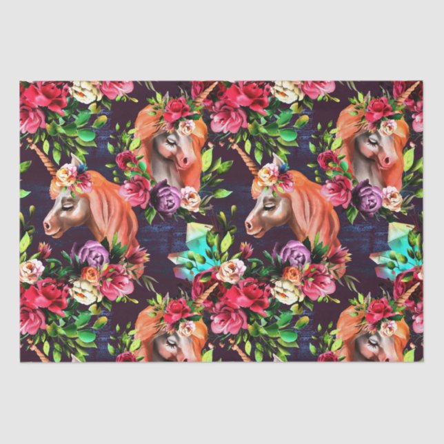 Colourful Unicorns and Flowers Roses Tissue Paper (Front)