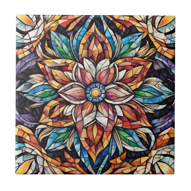 Colourful Unique Abstract Mosaic Flower  Ceramic Tile (Front)