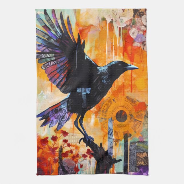 Colourful Unique Crow Collage Tea Towel (Vertical)