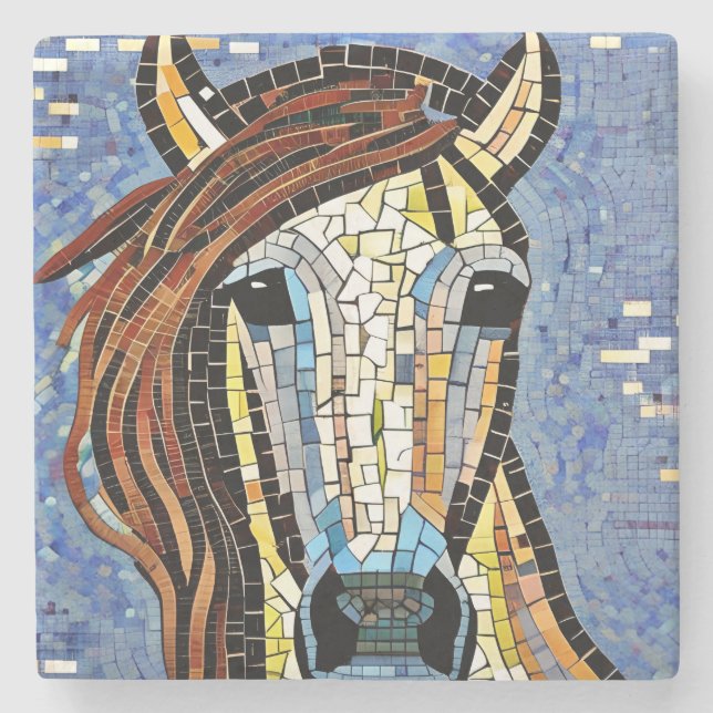 Colourful Unique Horse Faux Mosaic Art Stone Coaster (Front)