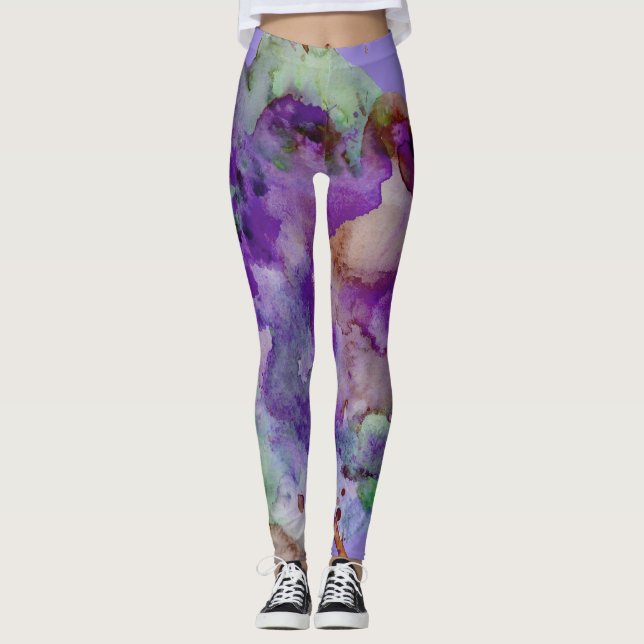 Colourful, Unique, Paint Splatter Purple & Green Leggings (Front)