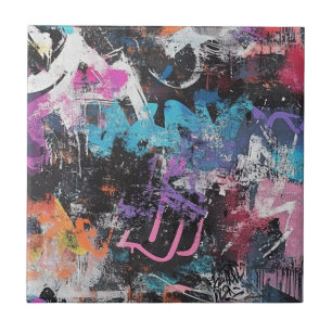 Colourful Urban Graffiti Abstract Purple Blue Blac Ceramic Tile
