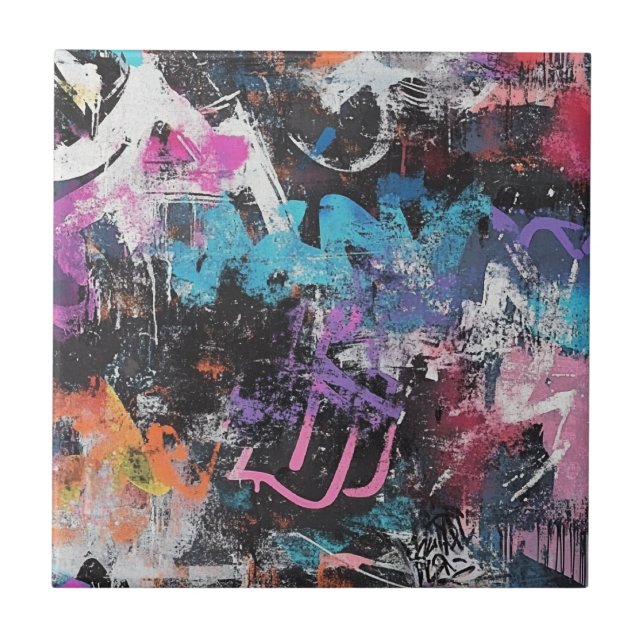 Colourful Urban Graffiti Abstract Purple Blue Blac Ceramic Tile (Front)
