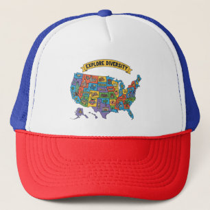 Colourful USA Map for Travelers – Explore Diversit Trucker Hat