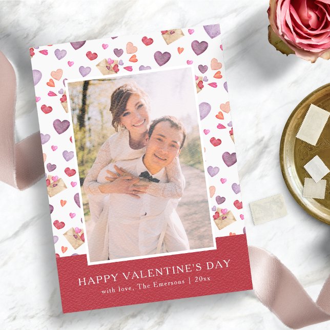 Colourful Valentine's Day Holiday Card (Watercolor Hearts Happy Valentine's Day Photo Card)