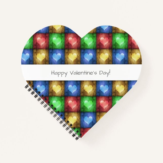 Colourful Valentine's Day Rustic Hearts Notebook (Front)