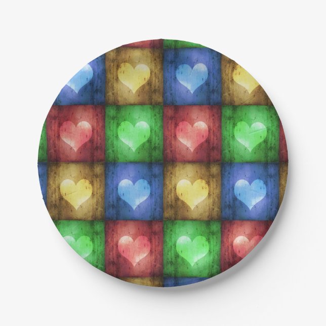 Colourful Valentine's Day Rustic Hearts Paper Plate (Front)