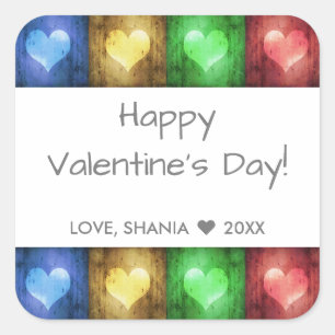 Colourful Valentine's Day Rustic Hearts Square Sticker