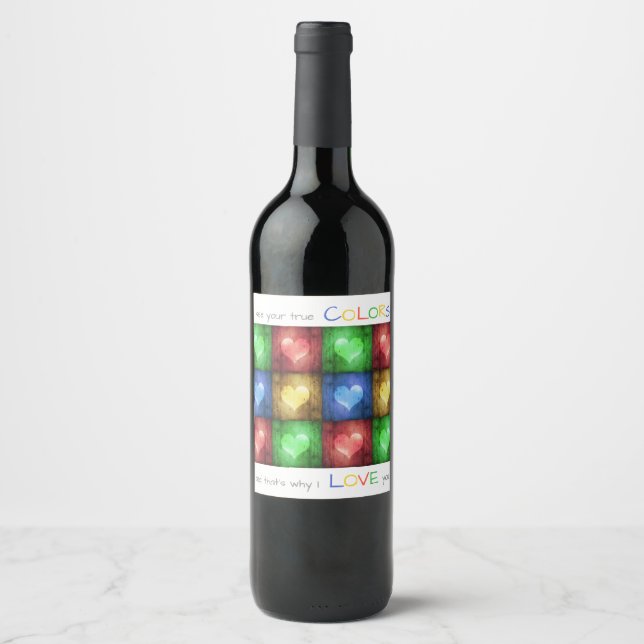 Colourful Valentine's Day Rustic Hearts Wine Label (Front)