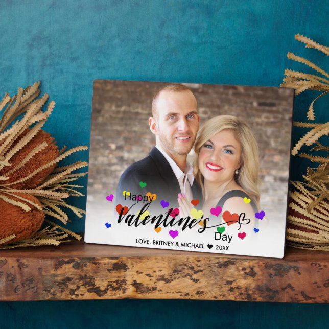 Colourful Valentine's Day Typography Hearts Photo Plaque (Side)