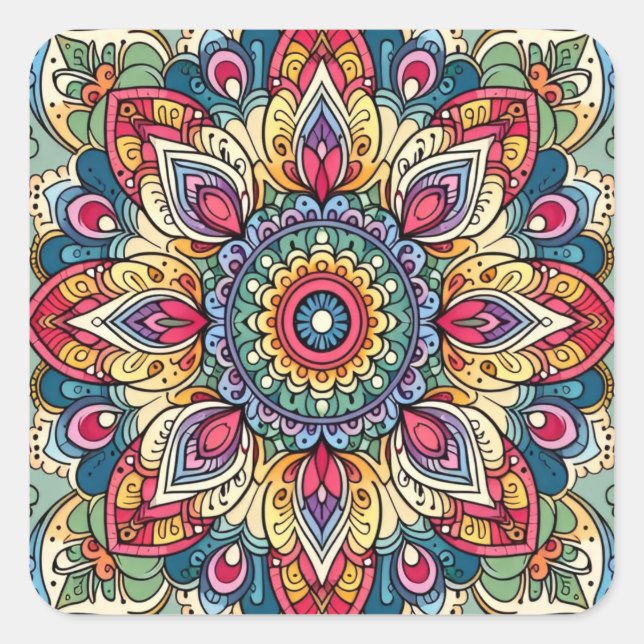 Colourful Vector Abstract Mandala Pattern Square Sticker (Front)