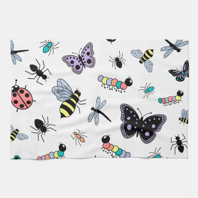 Colourful Vector Bugs & Butterflies Tea Towel (Horizontal)