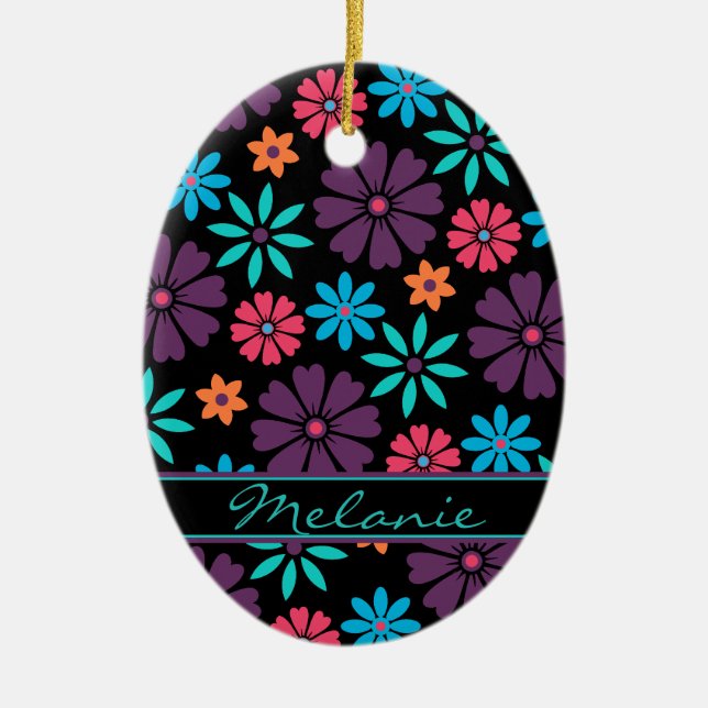Colourful Vector Flower Pattern Nameplate Ceramic Ornament (Front)
