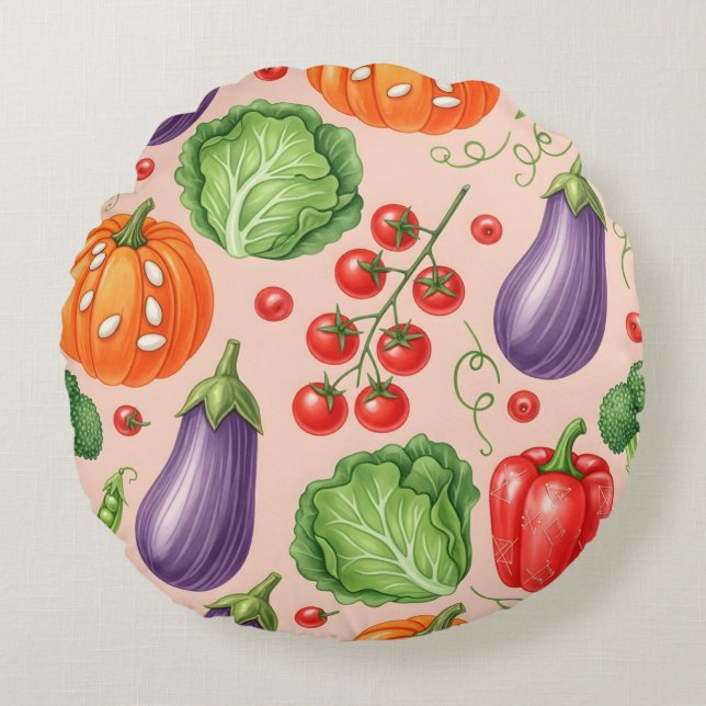 Colourful Vegetable Pattern Illustration Round Cushion (Front)
