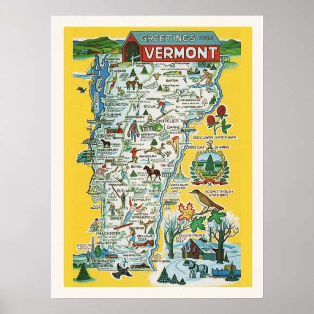 Colourful Vermont Map 18 x24 Print (Front)