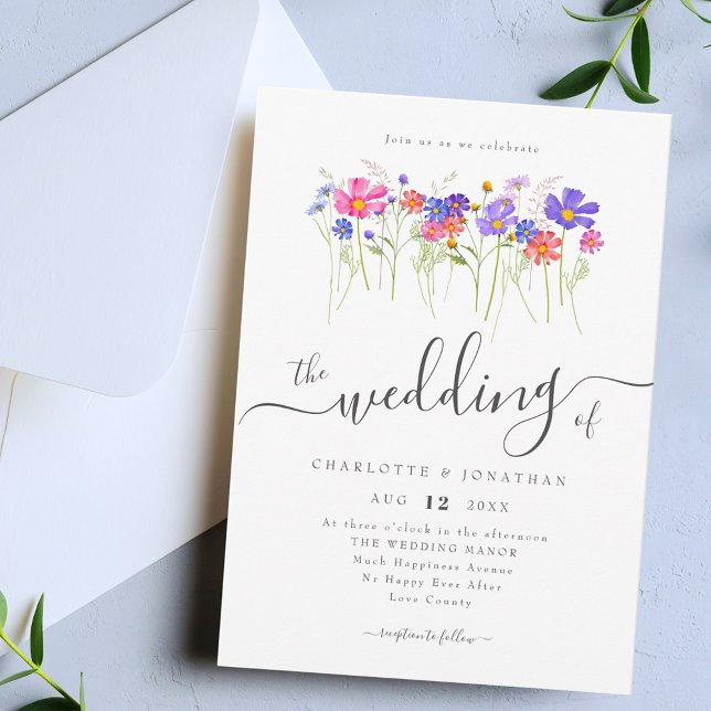 Colourful Vibrant Bold Wildflowers Wedding Invitation (Colorful Vibrant bold watercolor wildflower blue purple pink orange yellow wedding invitation )