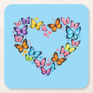 Colourful Vibrant Butterfly Heart Square Paper Coaster