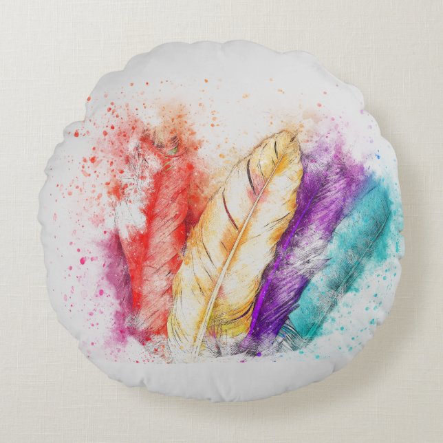 Colourful Vibrant Feather Creative Artistic Splash Round Cushion (Front)