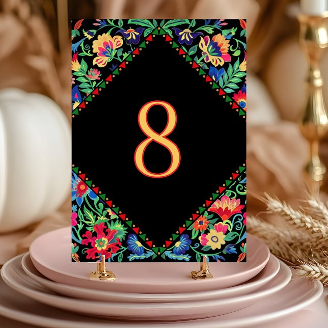 Colourful vibrant fiesta floral black wedding table number (Creator Uploaded)