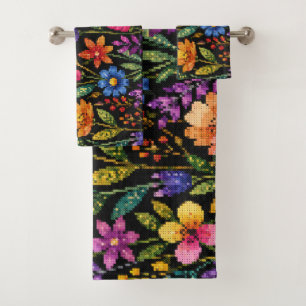 Colourful Vibrant Flowers on a Black Background Bath Towel Set