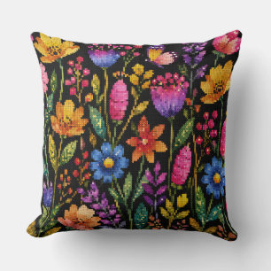 Colourful Vibrant Flowers on a Black Background Cushion
