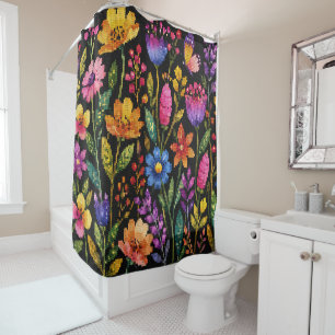 Colourful Vibrant Flowers on a Black Background Shower Curtain