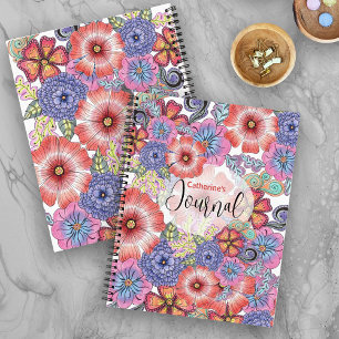 Colourful Vibrant Hand-drawn Flowers and Leaves Notebook