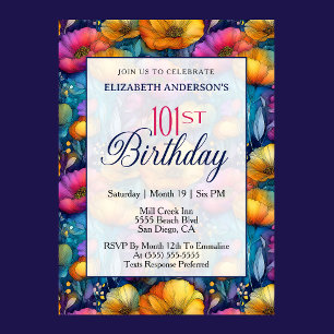 Colourful Vibrant Poppy Flower 101st Birthday Invitation