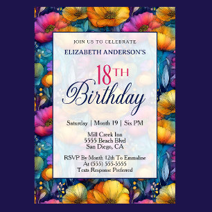 Colourful Vibrant Poppy Flower 18th Birthday Invitation