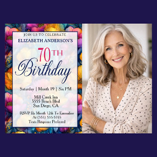 Colourful Vibrant Poppy Flower 70th Birthday Photo Invitation