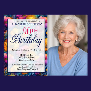 Colourful Vibrant Poppy Flower 90th Birthday Photo Invitation