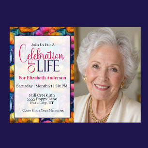 Colourful Vibrant Poppy Flower Celebration Of Life Invitation