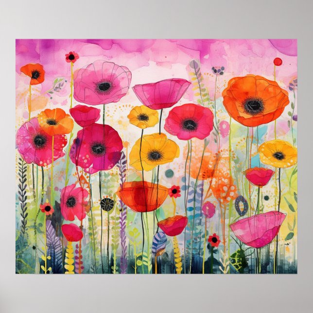 Colourful Vibrant Poppy Flower Field Floral Poster (Front)